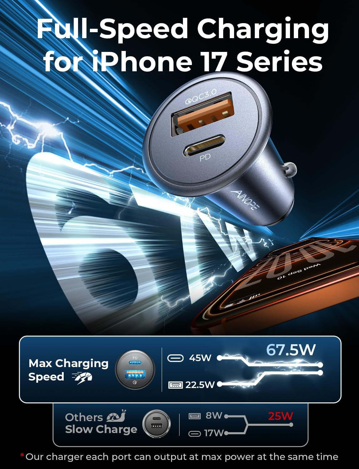 67.5W Cigarette Lighter Adapter Car Charger USB C Fast Charging | [Mini & Metal] PD&QC Cigarette Lighter USB Charger 12V Outlet Plug Socket for Iphone 17 16 15 14 Pro Max, Samsung S26 S25