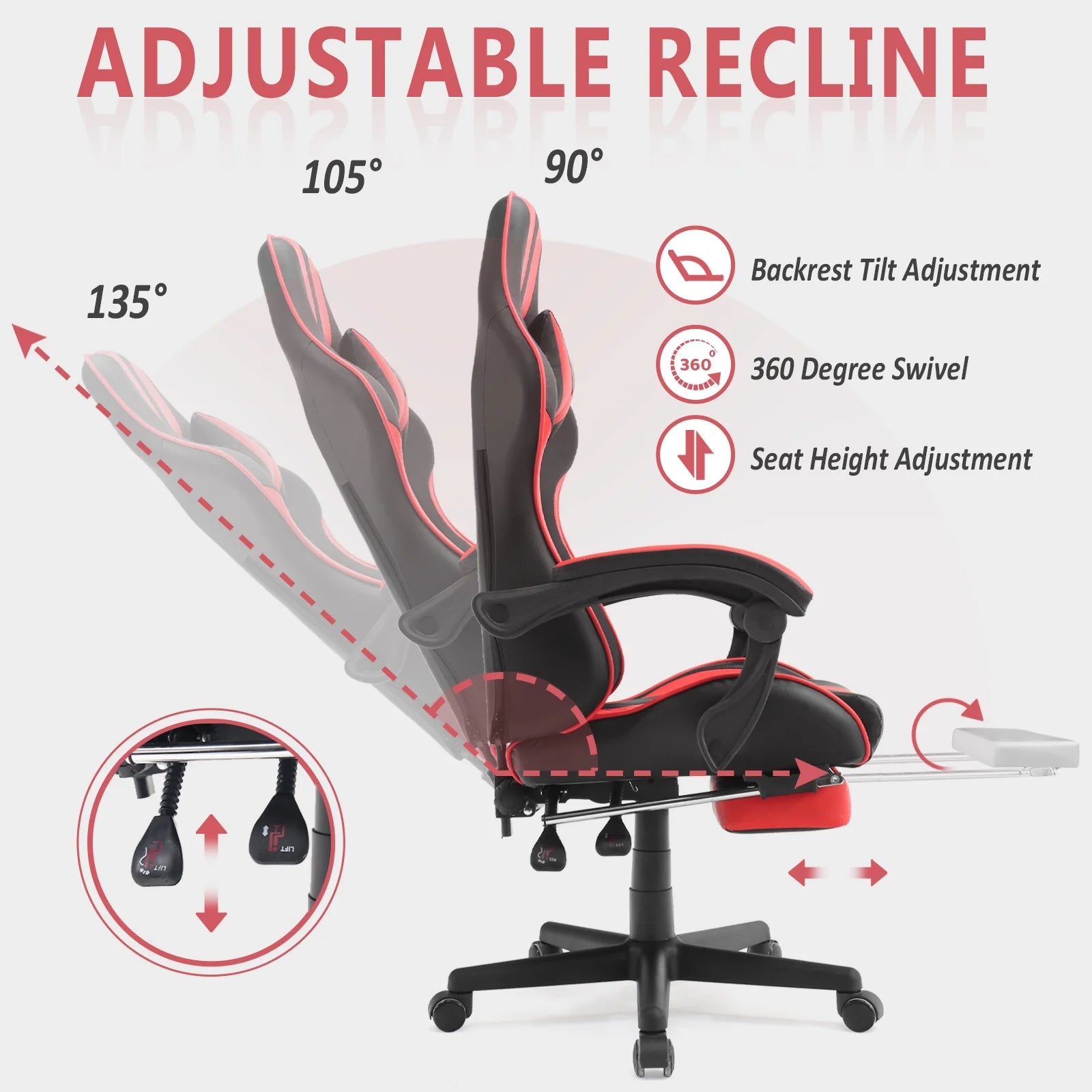 Red Gaming Chair, Reclining Office Chair with Footrest & Massage Lumbar, Ergonomic Swivel Gamer Game Chair with Adjustable Headrest