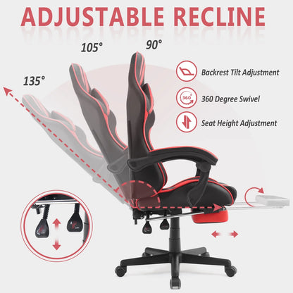 Red Gaming Chair, Reclining Office Chair with Footrest & Massage Lumbar, Ergonomic Swivel Gamer Game Chair with Adjustable Headrest