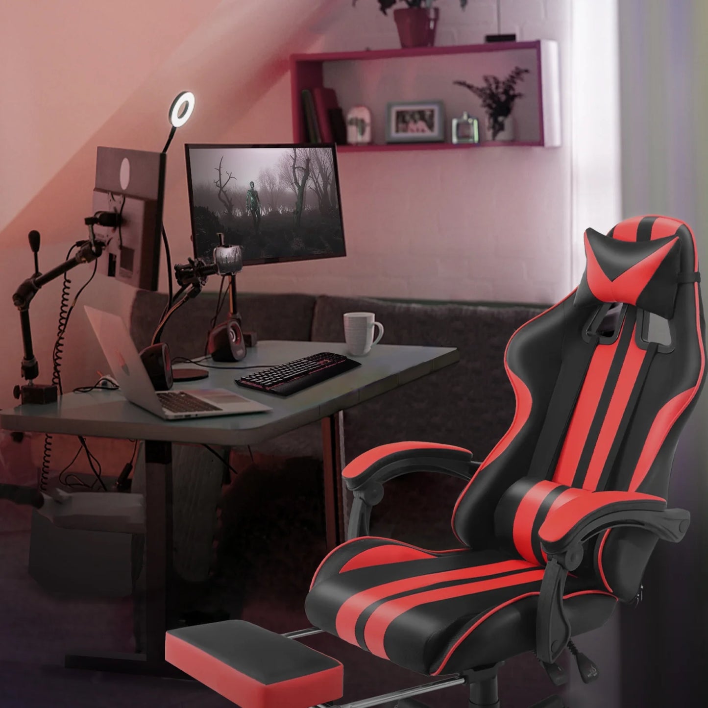 Red Gaming Chair, Reclining Office Chair with Footrest & Massage Lumbar, Ergonomic Swivel Gamer Game Chair with Adjustable Headrest