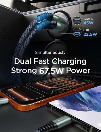 67.5W Cigarette Lighter Adapter Car Charger USB C Fast Charging | [Mini & Metal] PD&QC Cigarette Lighter USB Charger 12V Outlet Plug Socket for Iphone 17 16 15 14 Pro Max, Samsung S26 S25