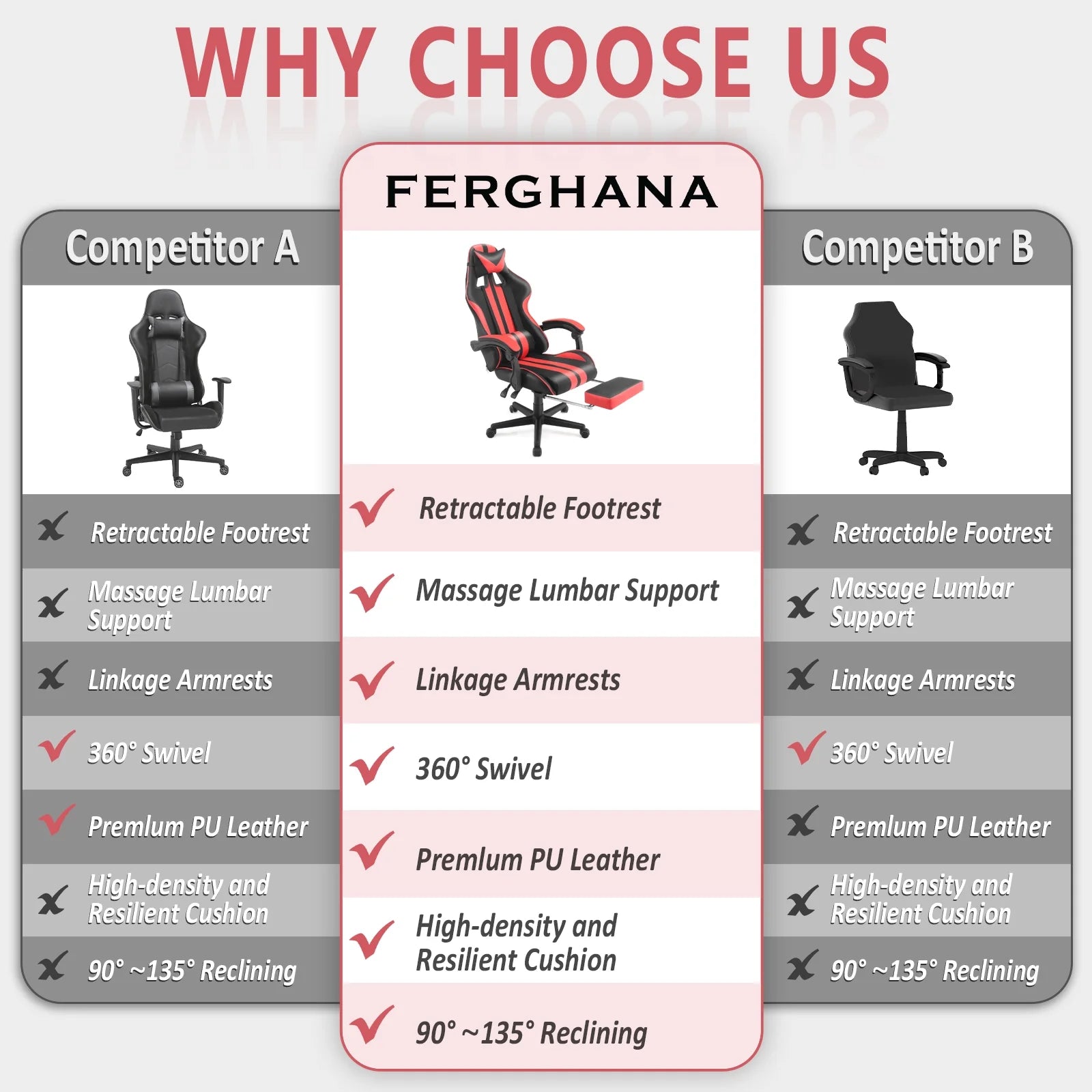 Red Gaming Chair, Reclining Office Chair with Footrest & Massage Lumbar, Ergonomic Swivel Gamer Game Chair with Adjustable Headrest