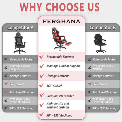 Red Gaming Chair, Reclining Office Chair with Footrest & Massage Lumbar, Ergonomic Swivel Gamer Game Chair with Adjustable Headrest