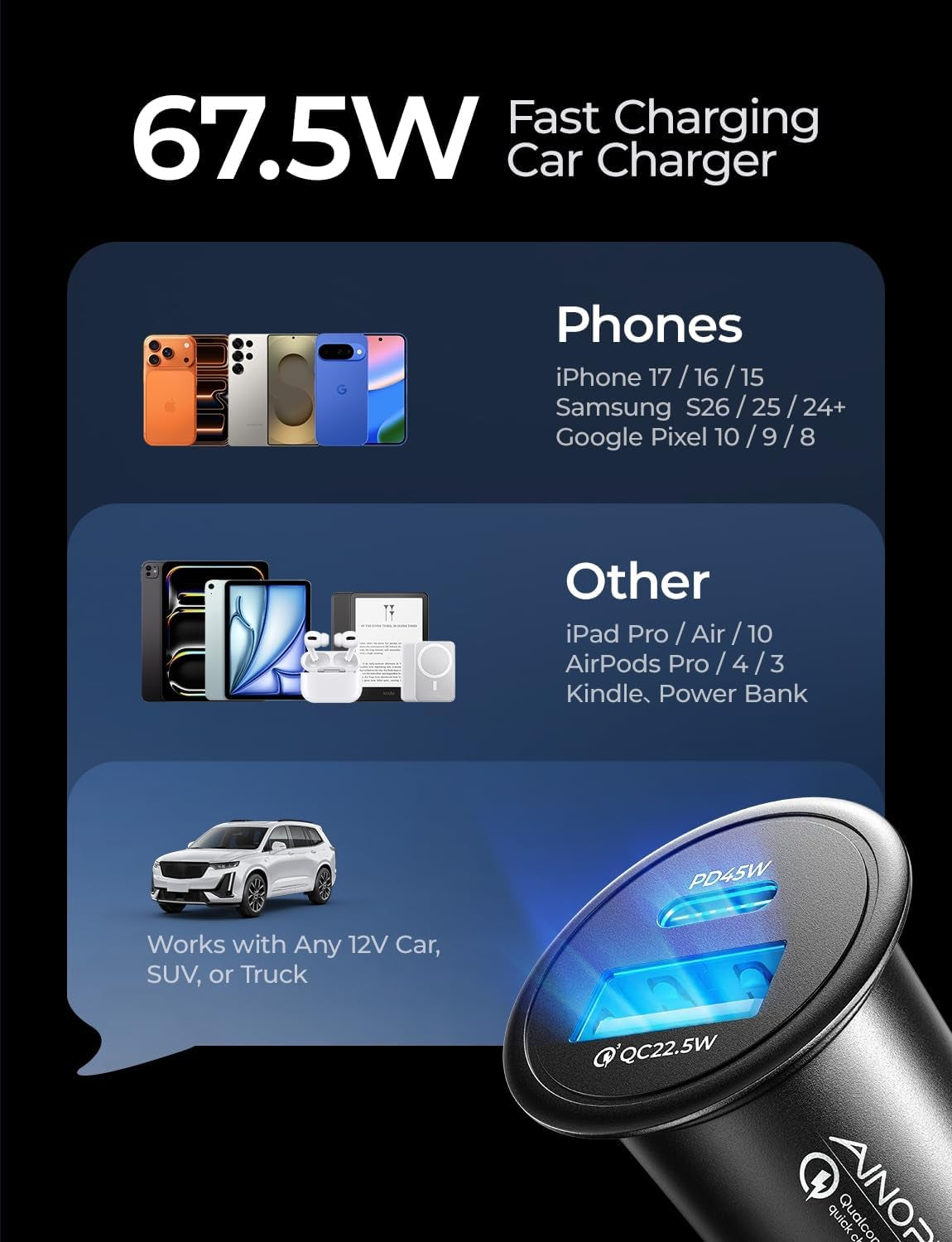 67.5W Cigarette Lighter Adapter Car Charger USB C Fast Charging | [Mini & Metal] PD&QC Cigarette Lighter USB Charger 12V Outlet Plug Socket for Iphone 17 16 15 14 Pro Max, Samsung S26 S25