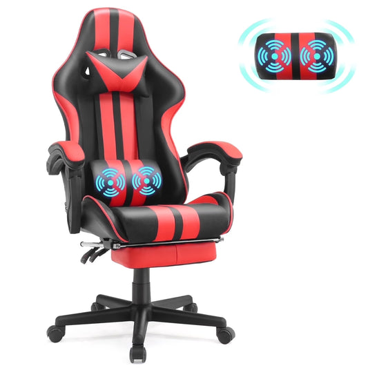 Red Gaming Chair, Reclining Office Chair with Footrest & Massage Lumbar, Ergonomic Swivel Gamer Game Chair with Adjustable Headrest