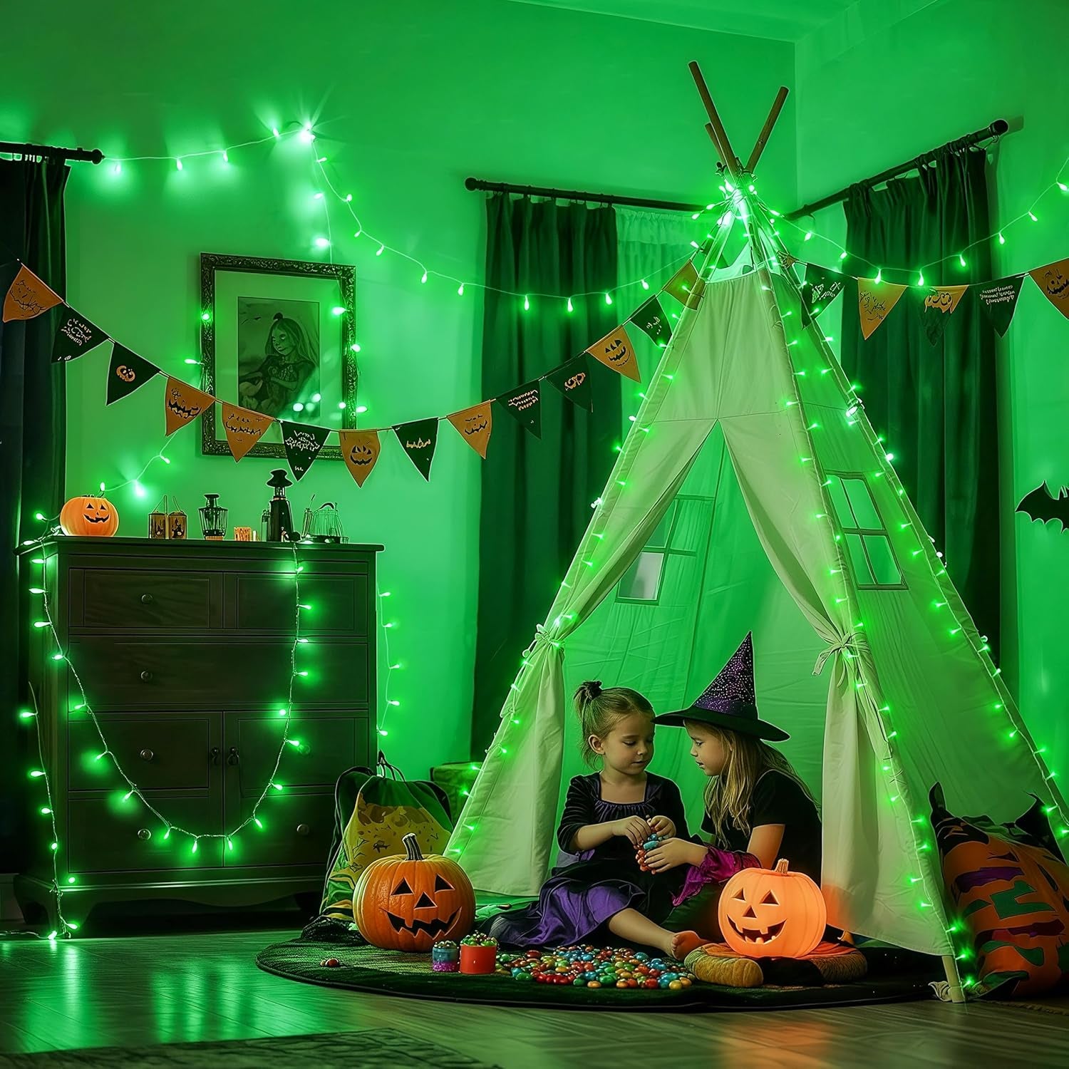 Connectable 100 LED Green Halloween Lights 8 Modes Grinch Lights | Plug-In Green Christmas Lights Indoor, 33Ft Clear Wire Grinch Green String Lights Outdoor for Grinch Christmas Tree Decor
